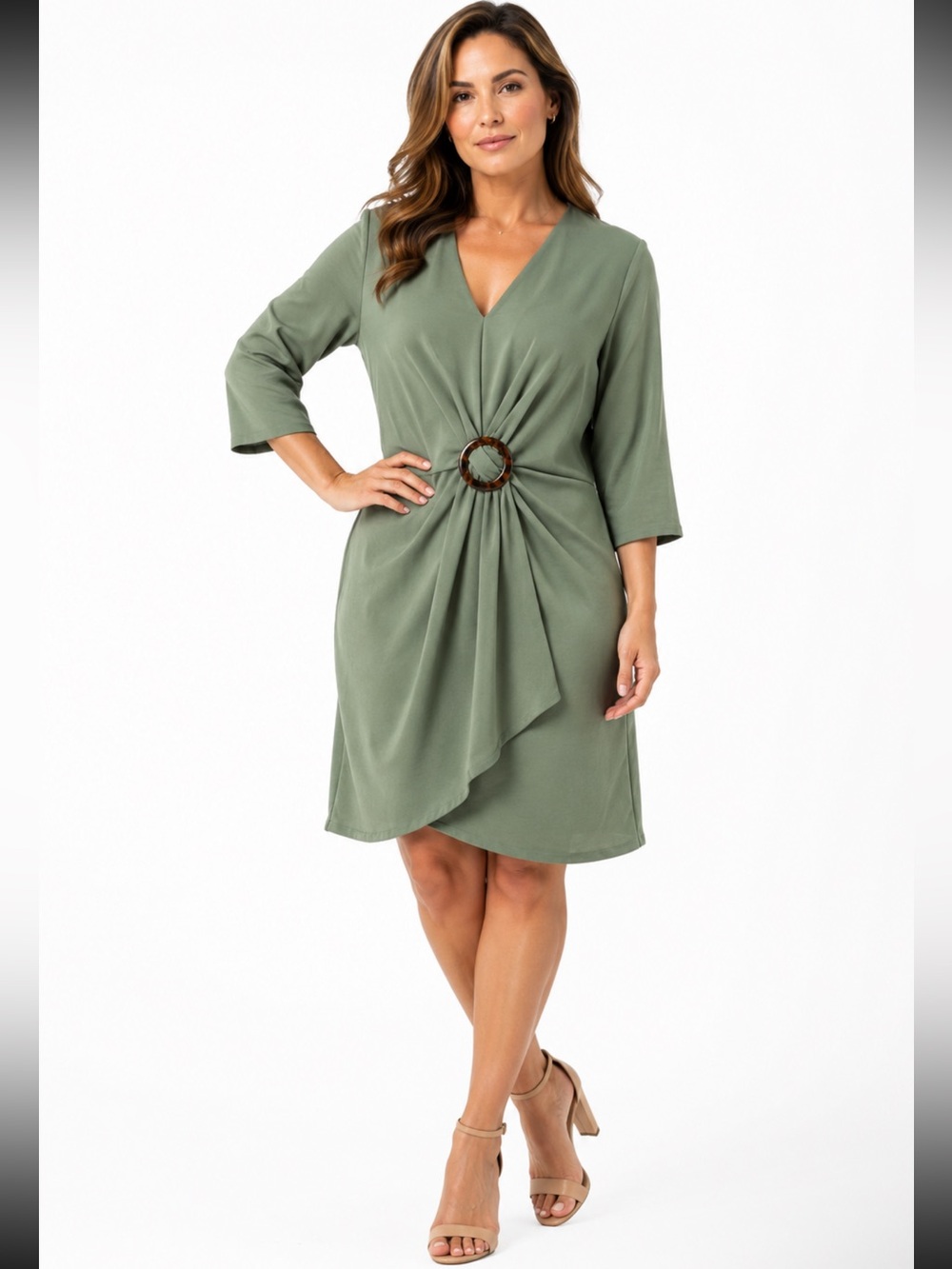 Olive Green V-Neck Mini Dress with Ring Detail - Size Large